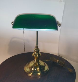 Vintage Brass Style Bankers Piano Desk Lamp Light Green Glass Shade Pull Chain