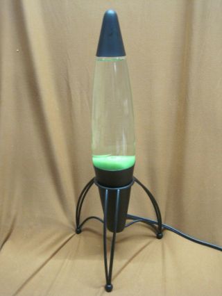 Unmarked Black Metal Rocket Ship Lava Lamp Clear Liquid & Green Lava Read