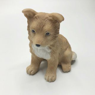 Vintage Collie Puppy Dog Small Porcelain Bisque Figurine Brown & White 2