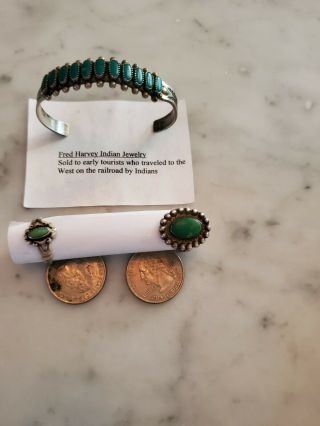 Vintage Sterling India Navajo Turquoise Fred Harvey Bracelet And 2 Navajo Rings