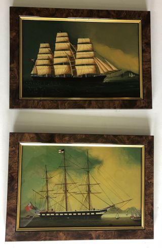 Pair Chinese Export Reverse Painting On Glass American Sailing Ship 8 X 12