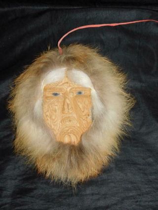 Alaska Native Eskimo Hunter Carved Wood Face Mask Double Sided Ceiling Hang Fur