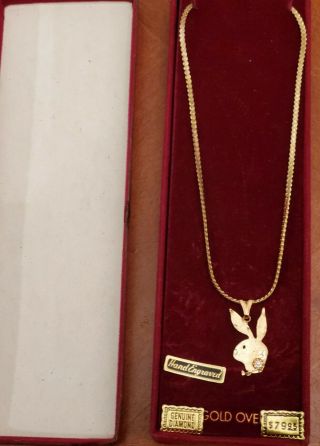 Vintage Retro Playboy Bunny 14kt Gold Overlay Charm Pendant Necklace Diamond 14 "