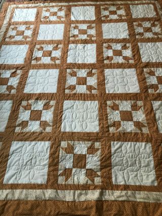 Vintage Tan Print and Cream Quilt 81 x 96 2