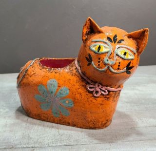 Mexican Folk Art Gemma Taccogna Orange Paper Mache Cat Vase Papier Mache 1960s
