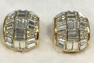 Vintage Christian Dior Channel Baguette Rhinestone Dome Clip Earrings 2