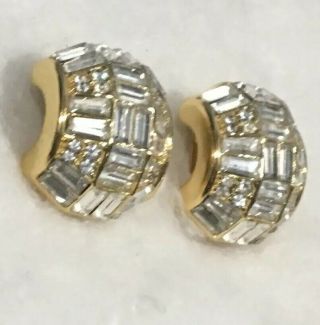 Vintage Christian Dior Channel Baguette Rhinestone Dome Clip Earrings 3