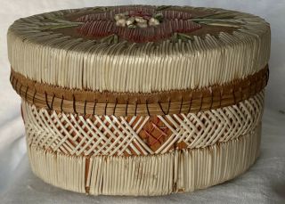 20th C Ojibwa Native American Porcupine Quill Oval Lidded Birch Bark Box