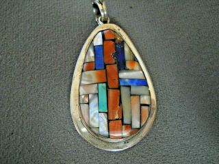 Native American Multi - Stone Mosaic Inlay Sterling Silver Teardrop Shape Pendant