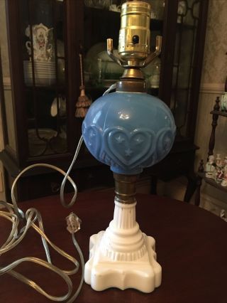 Antique Eapg Oil Kerosene Lamp Converted To Electric Blue/ White Milkglass Heart