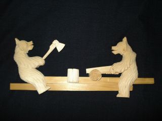 Bears Chopping Sawing Wooden Carved Primitive Folk Art Russian Push Pull Toy