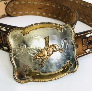 Vintage Comstock Silversmith German Silver Cowboy Bucking Bull Rider Belt Buckle