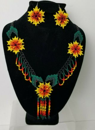 Vintage Seed Beads Handmade Flower Necklace,  Earrings Native American Indian