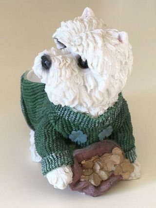 Old West Highland White Terrier Irish Planter 5 " Westie Dog Shamrocks Gold Green