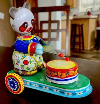 Vintage Tin Litho Clockwork Wind - Up Toy Drumming Panda Bear Collectors Toy