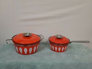 Vtg Cathrineholm Norway Red Orange Lotus Enamel Pots Two Pots