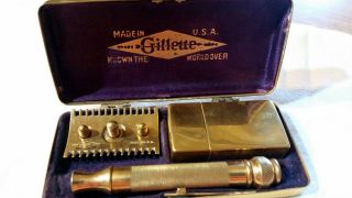 Vintage Gillette Old Type 3 Piece Ball End Gold Plated Safety Razor With Case