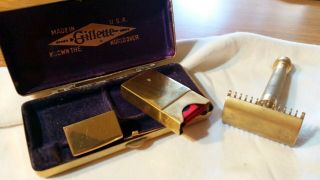 Vintage Gillette Old Type 3 Piece Ball End Gold Plated Safety Razor with Case 2