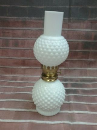 Vintage Milk Glass Hobnail 8 " Oil Lamp With Gold Toned Center Cap