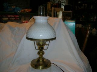 Vintage Brass With Hobnail Milk Glass Shade Hurricane Table Lamp