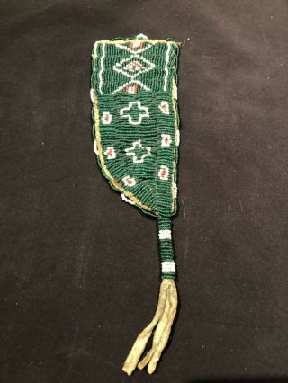 Native American Indian Beaded Knife Sheath With Fringe,  White Center Reds 9”