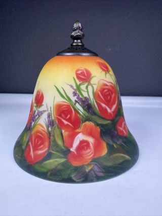 Vintage Frosted Reverse Hand Painted Glass Lamp Shade With Red Roses Ornate