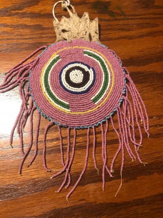 C 1890’s Native American Indian Beaded Hide Bag Rosette Fringe Bead Pouch - 8”