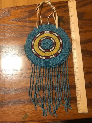 C 1890’s Native American Indian Beaded Hide Bag Rosette Fringe Bead Pouch - 9”