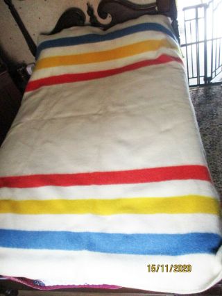 Wow Vintage Orrlaskan Orr Oh Thick Wool Blanket Blue Red Yellow Stripe 73x82