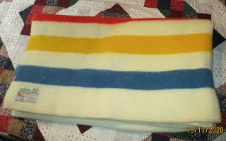 WOW Vintage Orrlaskan Orr OH Thick Wool Blanket Blue Red Yellow Stripe 73x82 2