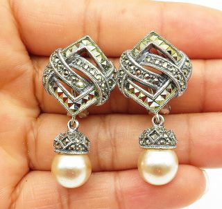 Judith Jack 925 Silver - Vintage Pearl & Marcasite Dangle Earrings - E5489