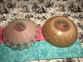 Vintage 3 Chain Glass Art Deco Ceiling Light Fixtures Ribbed Pink & Peach
