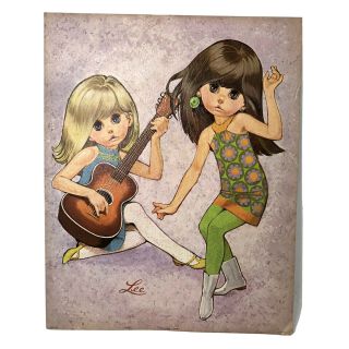 Vintage Lee Painting Print Art Go Go 1960`s Big Eye Girls Handmade Wood No Frame