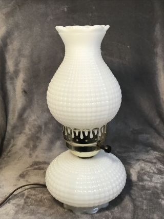 Vintage Hobnail Milk Glass Hurricane Table Lamp 12”