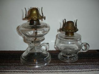 Pair Antique Oil Finger Lamp Bases Clear Glass Fonts Queen Anne " 0 " Size Burner