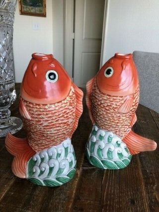 Vintage Pair Chinese Ceramic Lucky Koi Carp Fish 11 " Statues Figurines