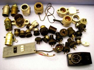 35 Antique Vintage Electrical Switches,  Plugs,  Tap - Lite Old Light Bulb Fixtures