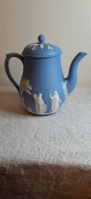 Vintage Wedgwood Jasperware Teapot Coffee Pot,  Light Blue And White,  7 "