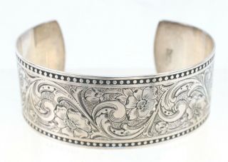 Vintage Ed Levin Sterling Silver Floral Etched Cuff Bracelet