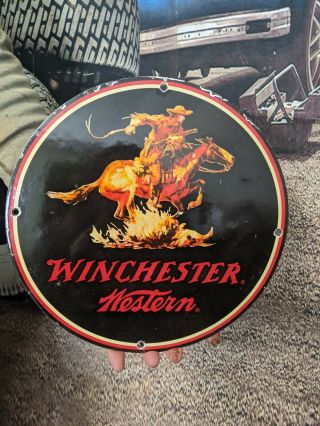 Old Vintage Winchester Western Ammo Porcelain Enamel Gas Oil Sign Remington Colt