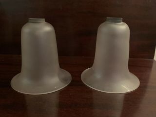 Antique/vintage Pair (2) Of Frosted Satin Lamp Glass Shades Art Deco Bell Shape