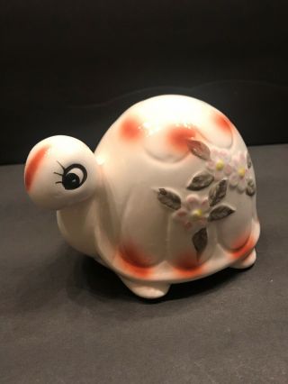 Vintage Ceramic Turtle With Flowers And Painted Details