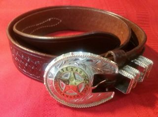 Texas Ranger Buckle And Ranger - Style Gun Belt; Silver Buckle W/gold Badge; Keen