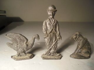 3 Old Lead Cast Figures Charlie Chaplin Tramp Movie Character & His Dog & Turkey