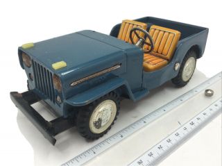 Vintage 1960s Bandai 7 1/2” Tin Litho Blue Jeep Willys Friction Japan