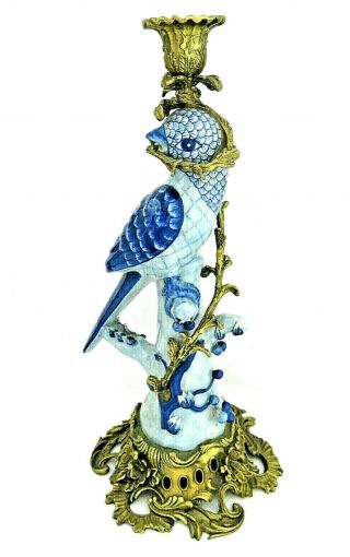 Chinese Porcelain Parrot Bird On Branch Figurine Brass Candle Stick Holder