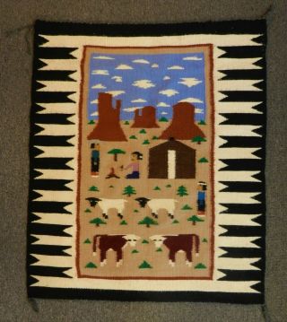 COLORFUL HANDWOVEN WOOL NAVAJ0 PICTORIAL RUG WALL HANGING DAILY VILLAGE LIFE 2
