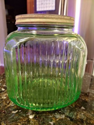 Vintage Anchor Hocking Green Depression Glass Coffee Canister Hoosier Jar Ribbed