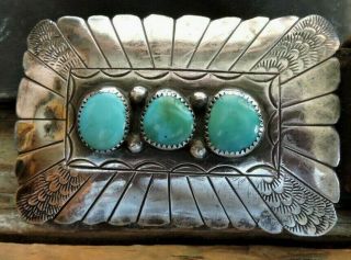Vintage Dine/navajo Sterling Belt Buckle With Turquoise - Sgnd 