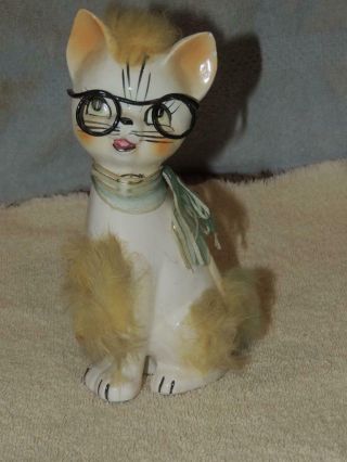 Vintage Made In Japan Ceramic White Cat Figurine Real Fur Wearing Glasses 7.  5 "